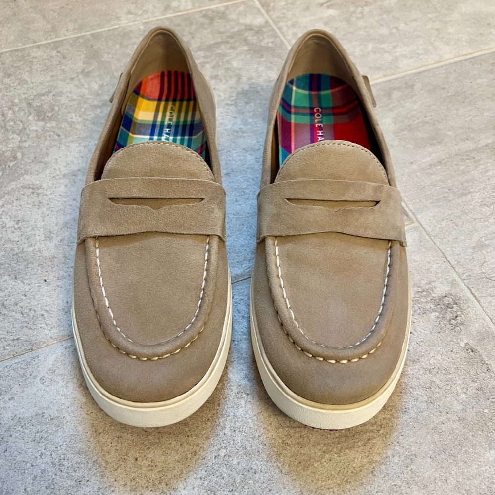 Cole Haan | Women's Nantucket Suede Penny Loafers/Boat Shoes—- Tan/Cream